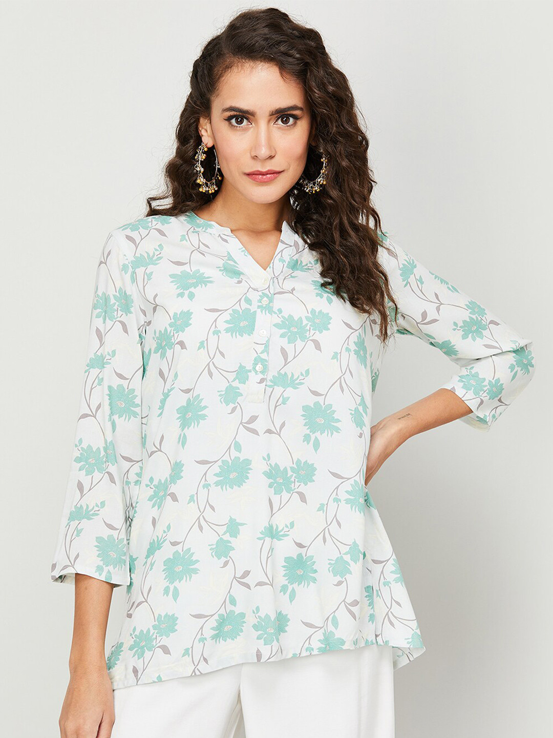 

Melange by Lifestyle Floral Printed Mandarin Collar Kurti, White