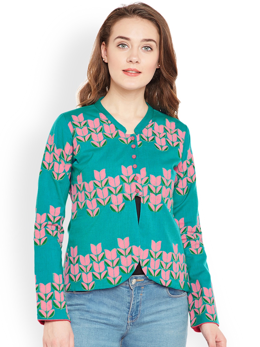 

Bitterlime Women Sea Green Printed Tailored Jacket