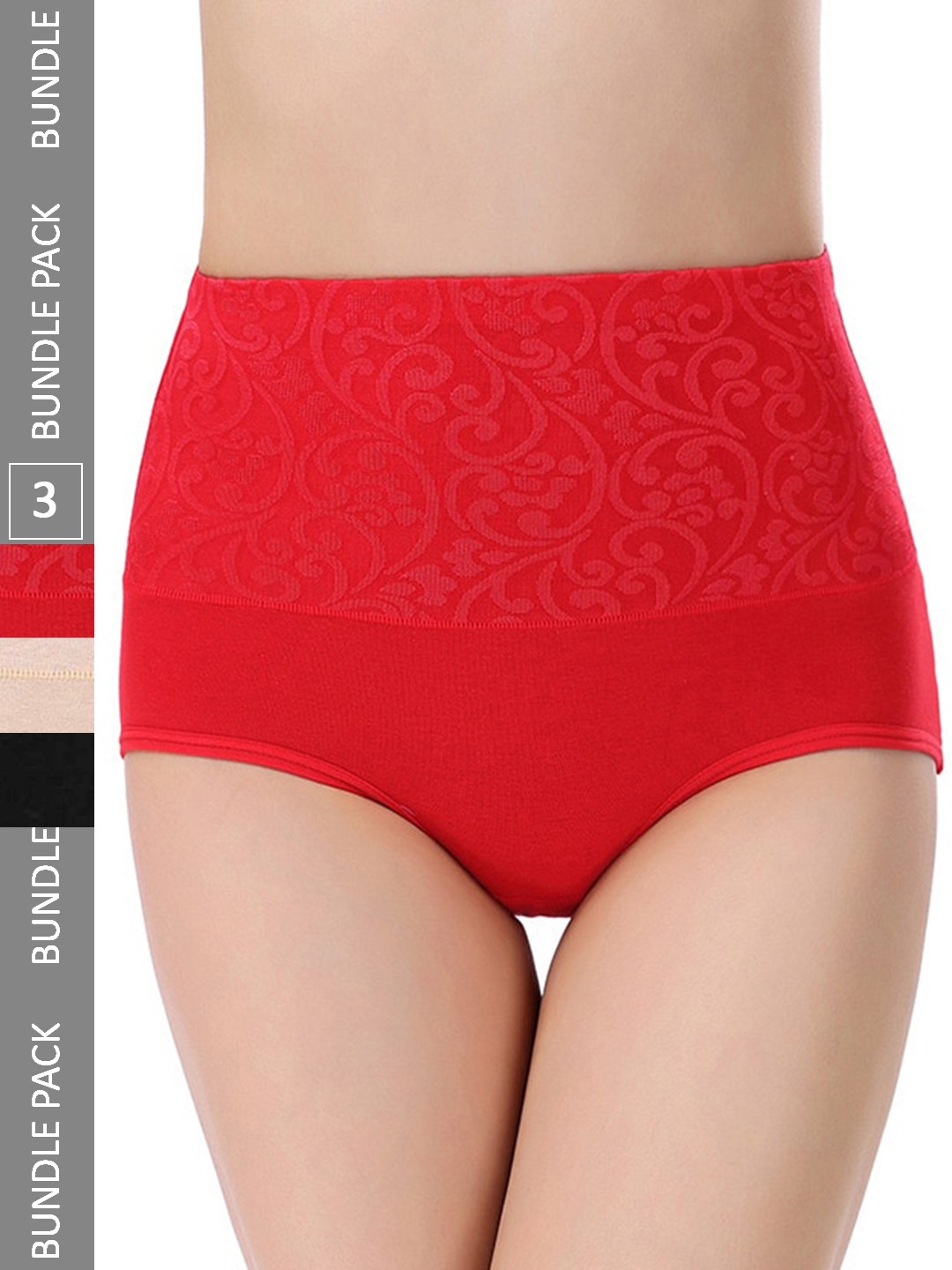 

PLUMBURY Pack Of 3 Self Design High Waist Tummy Control Briefs, Red