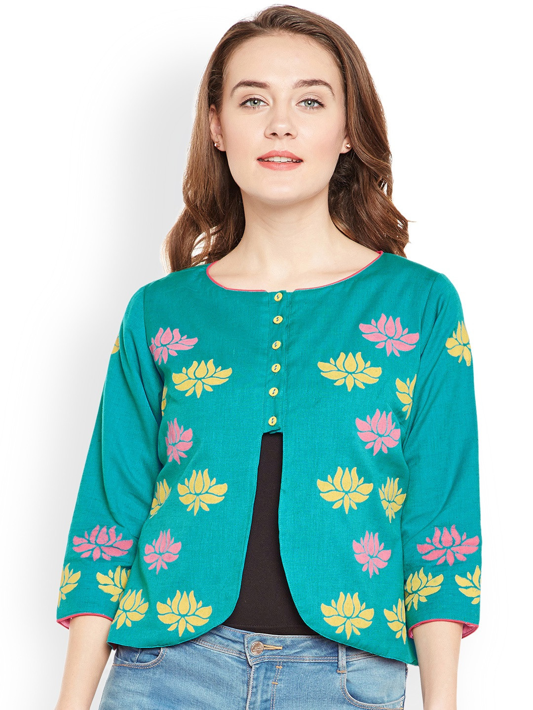 

Bitterlime Women Sea Green Printed Tailored Jacket