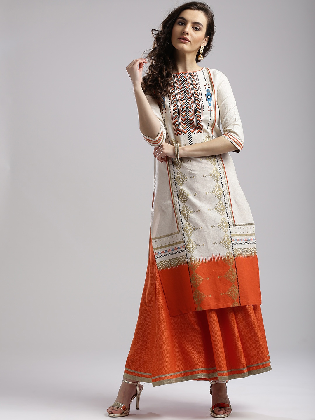 

W Women Off-White & Orange Printed Straight Kurta