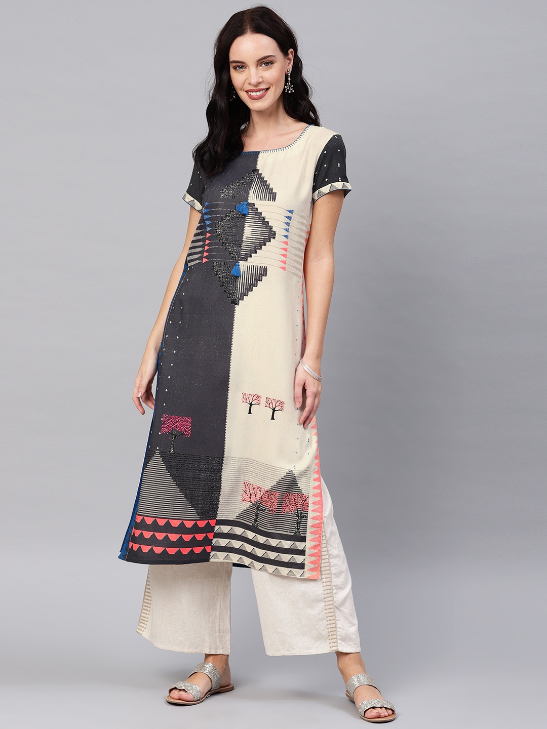 

W Women White & Grey Printed Straight Kurta