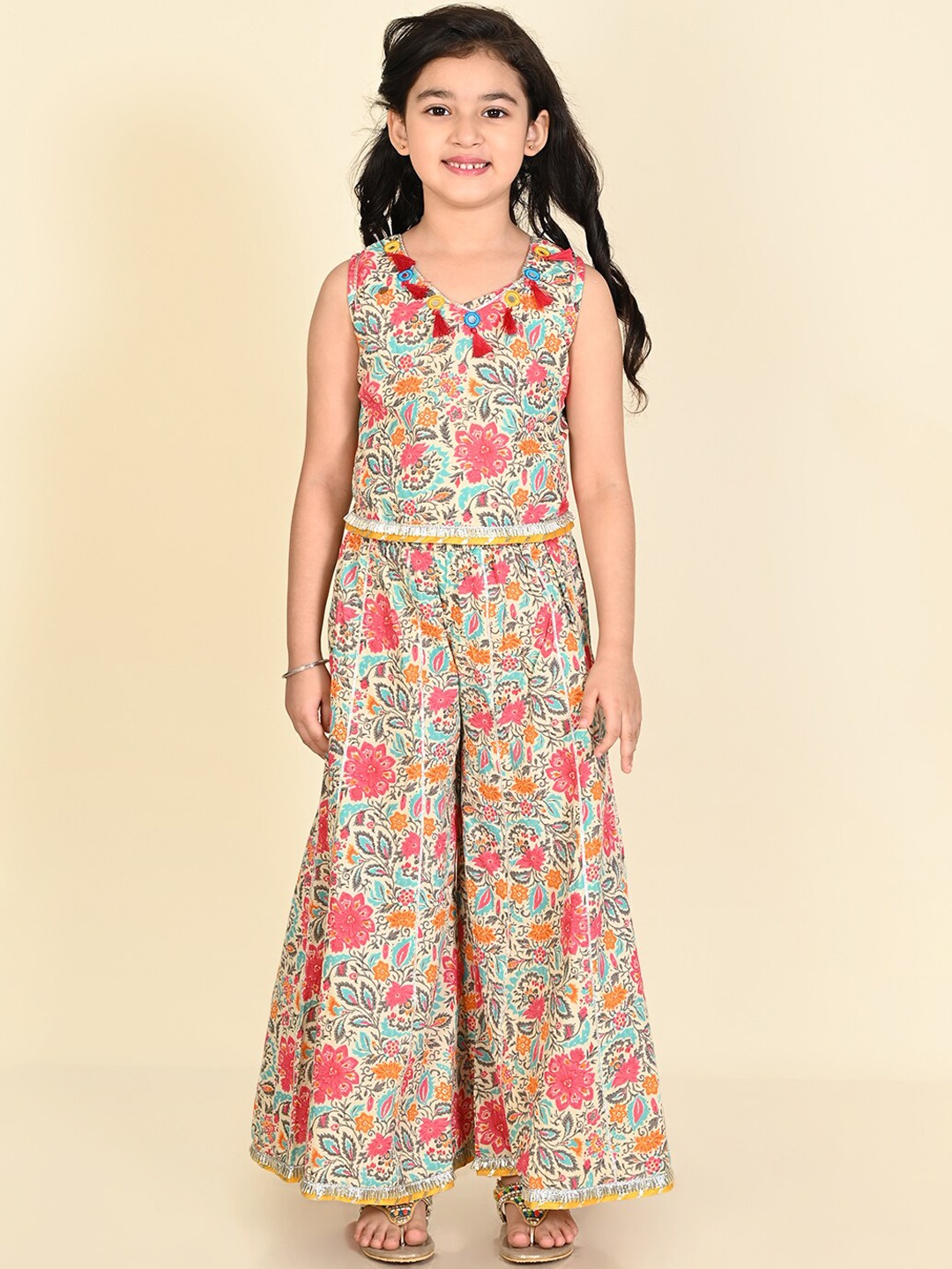 

LIL PITAARA Girls Floral Printed Pure Cotton Top with Palazzos, Cream
