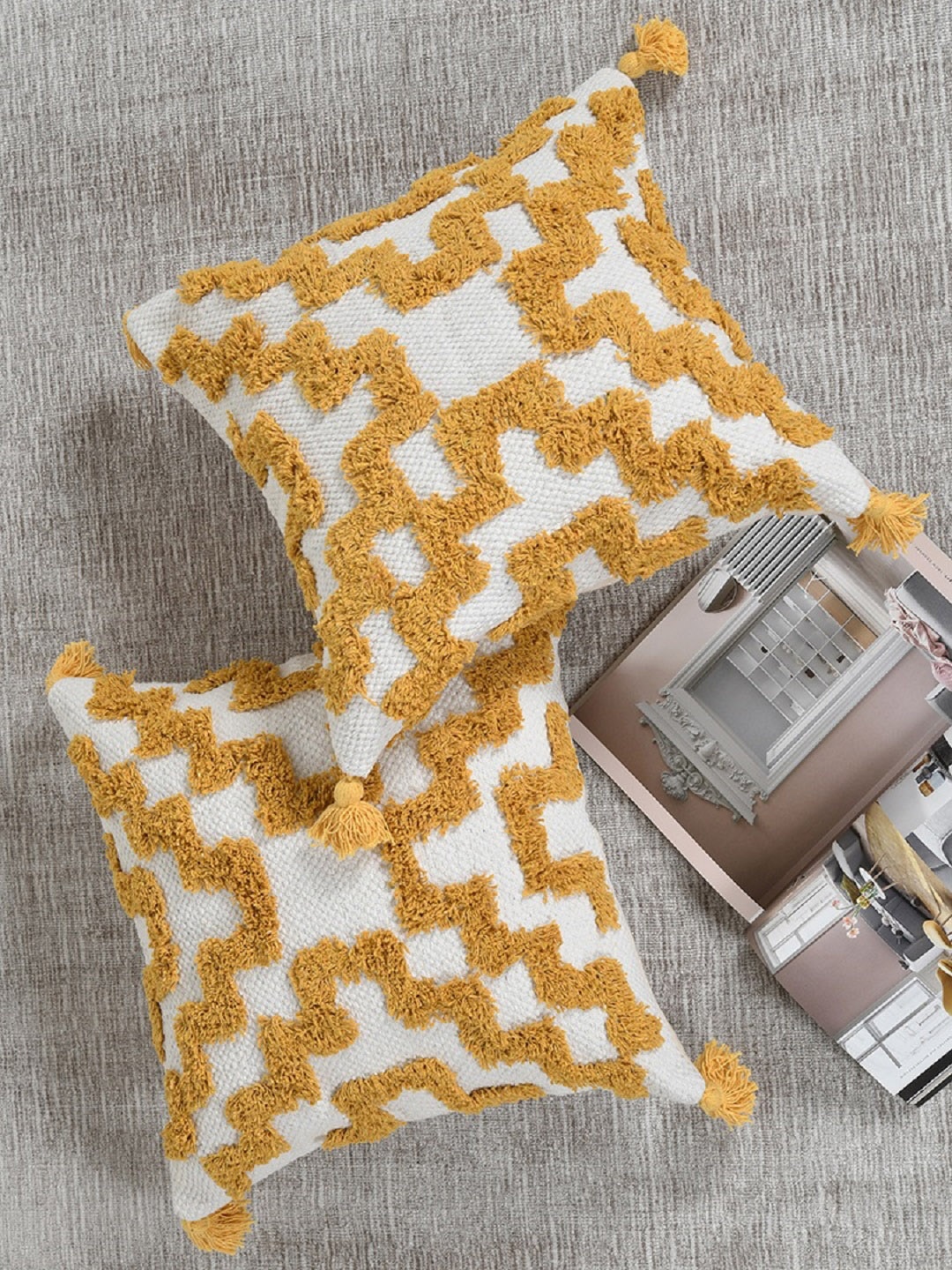 

KRAVIKA Yellow & White 2 Pieces Embroidered Square Cushion Covers