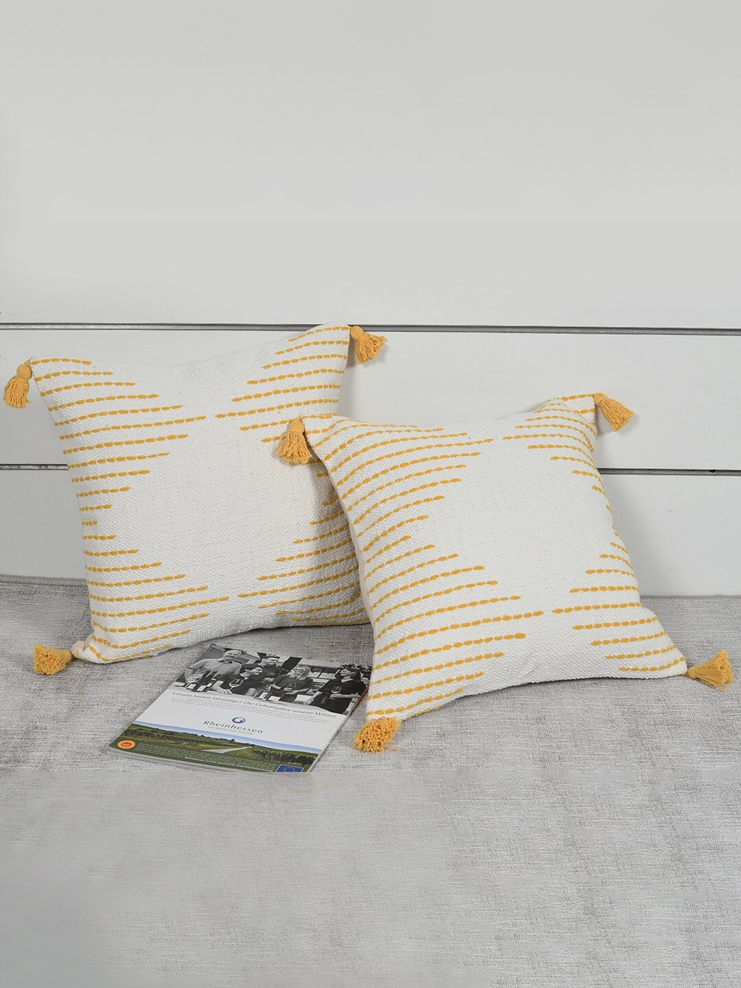 

KRAVIKA 2 Pcs Yellow & White Embroidered Square Cushion Covers