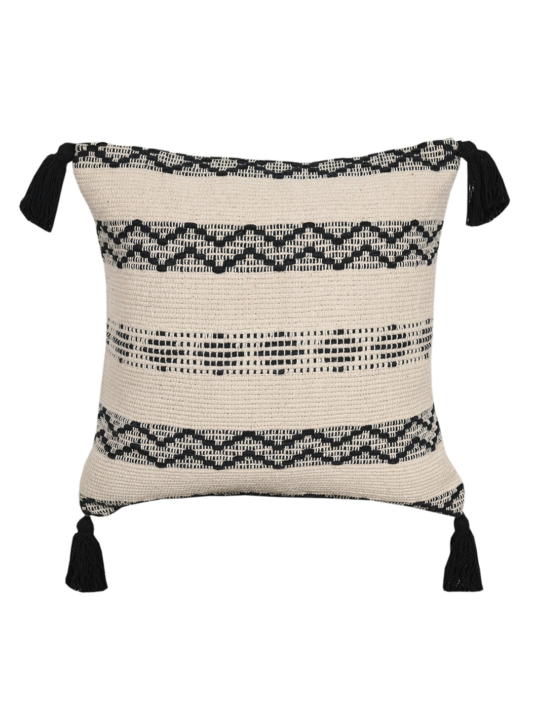 

KRAVIKA 2 Pcs Beige & Black Embroidered Square Cushion Covers