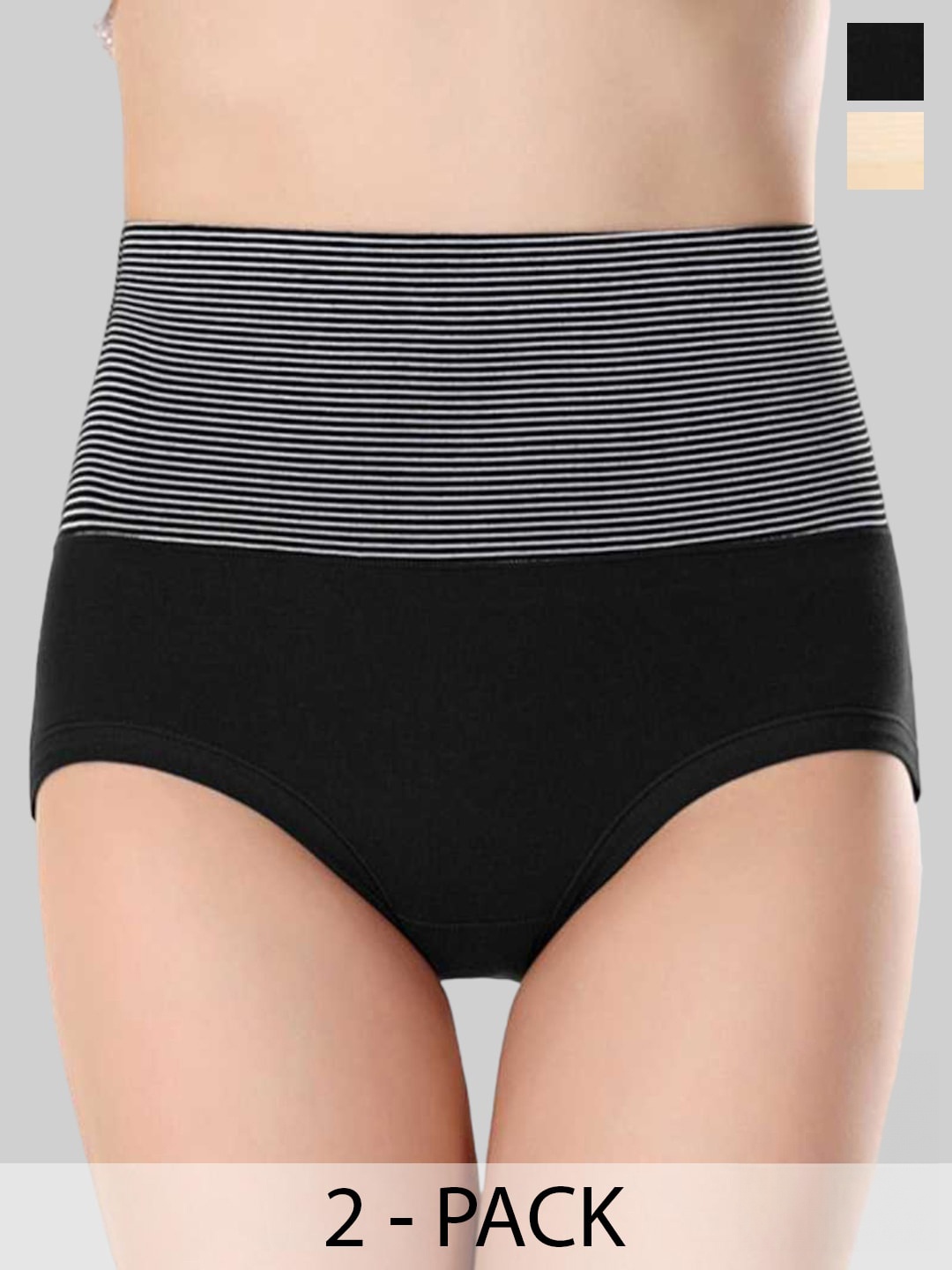 

PLUMBURY Pack Of 2 Striped High Waist Tummy Control Briefs, Black