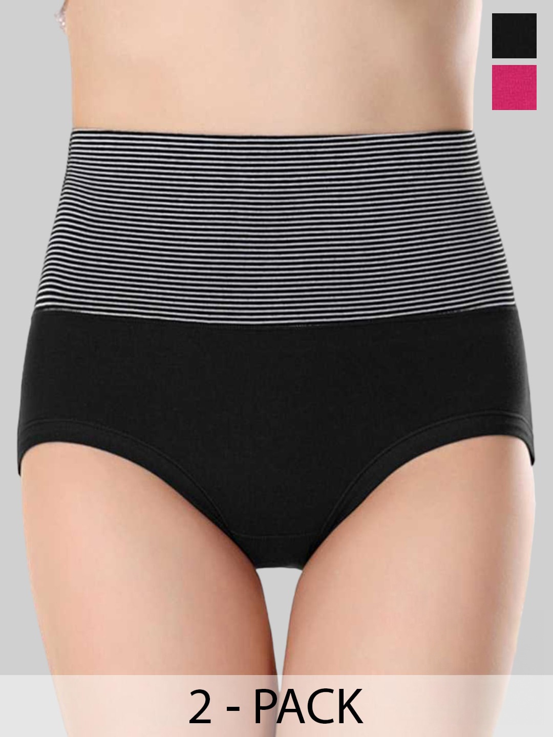 

PLUMBURY Pack Of 2 Striped High Waist Tummy Control Briefs, Black