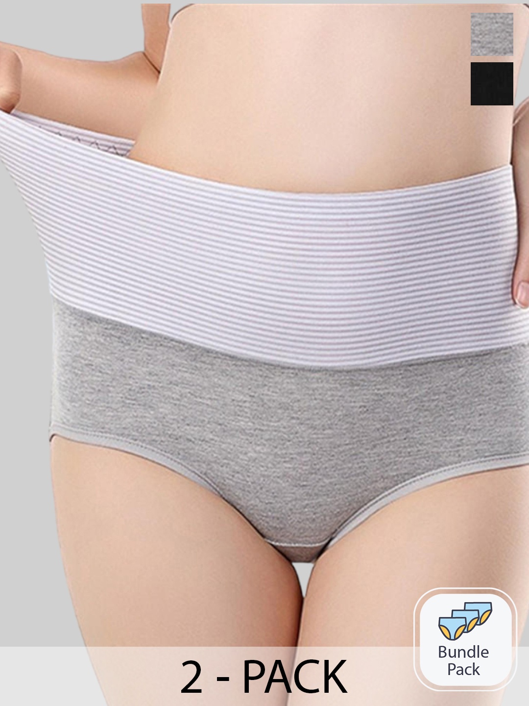 

PLUMBURY Pack Of 2 Striped High Waist Tummy Control Briefs, Black