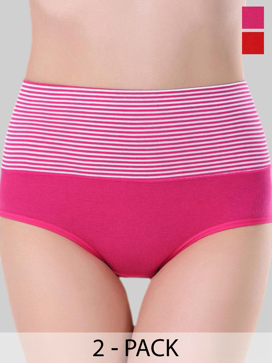 

PLUMBURY Pack Of 2 Striped High Waist Tummy Control Briefs, Red