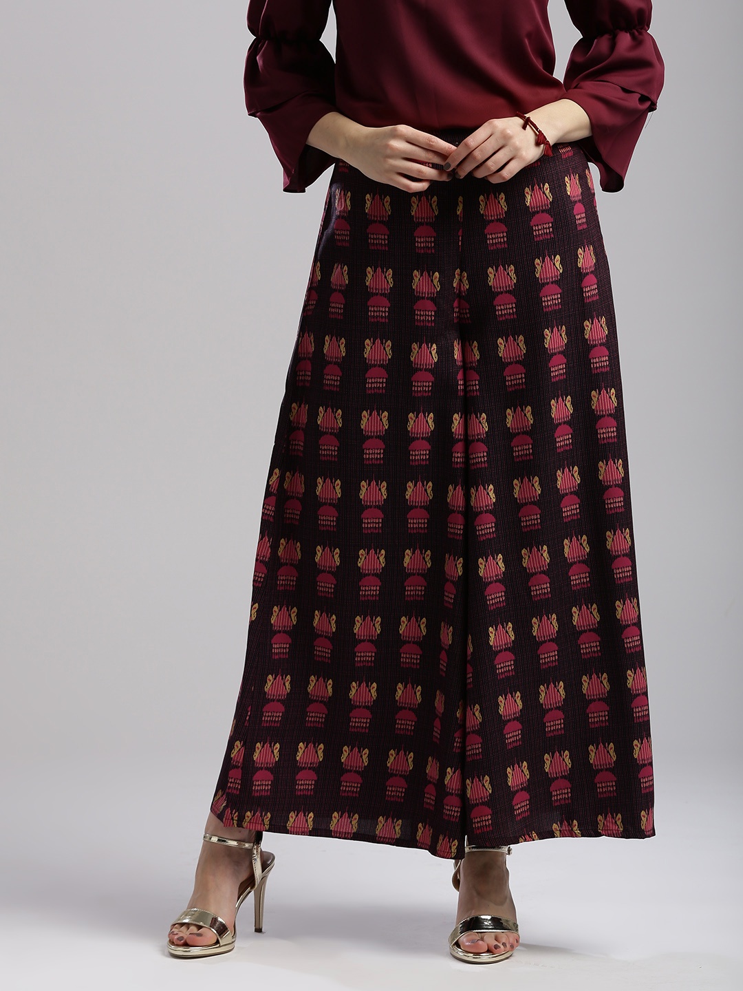 

W Women Black & Pink Printed Flared Palazzos