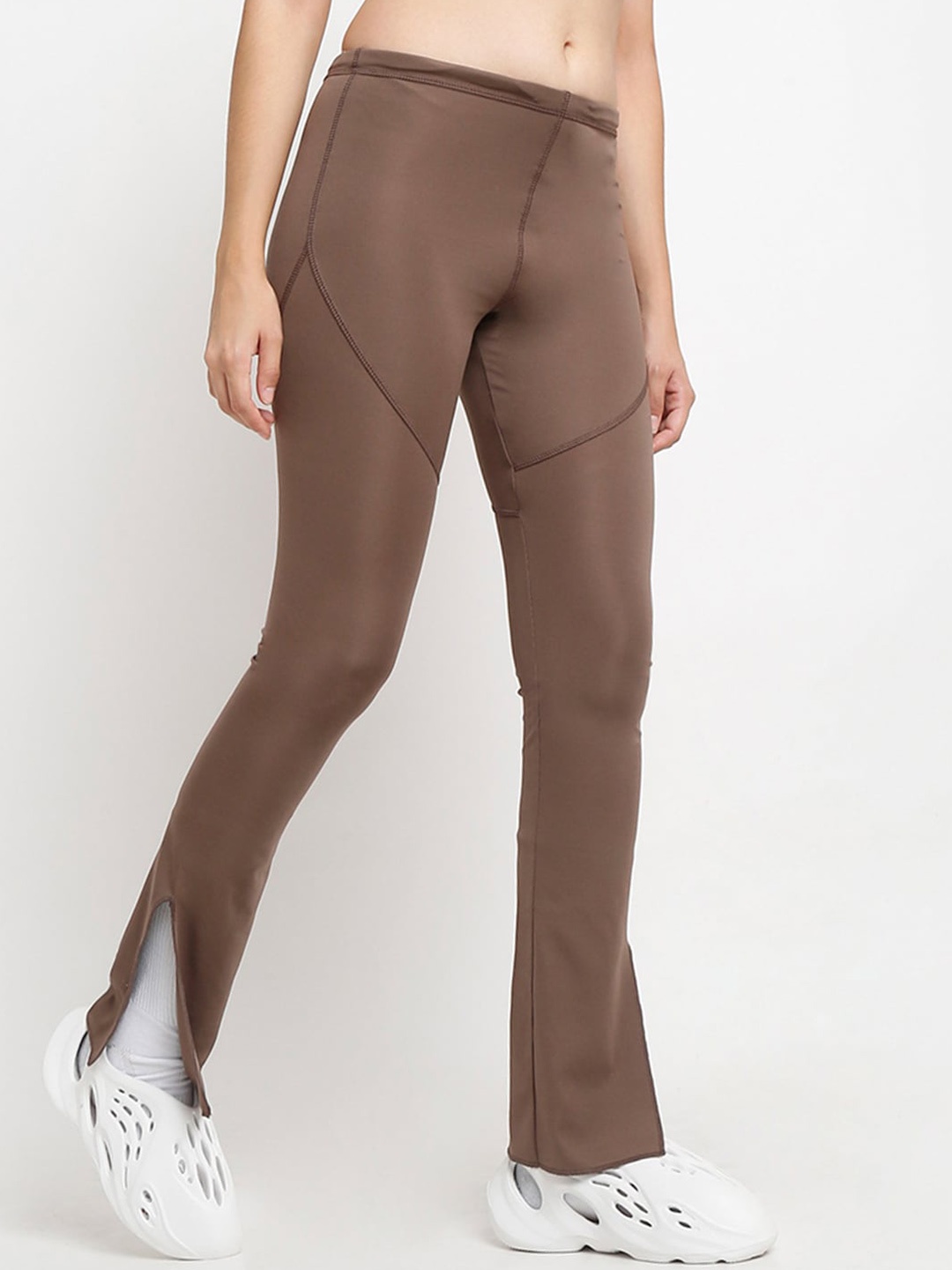 

EVERDION Women High-Rise Easy Wash Side Slited Bootcut Trousers, Brown