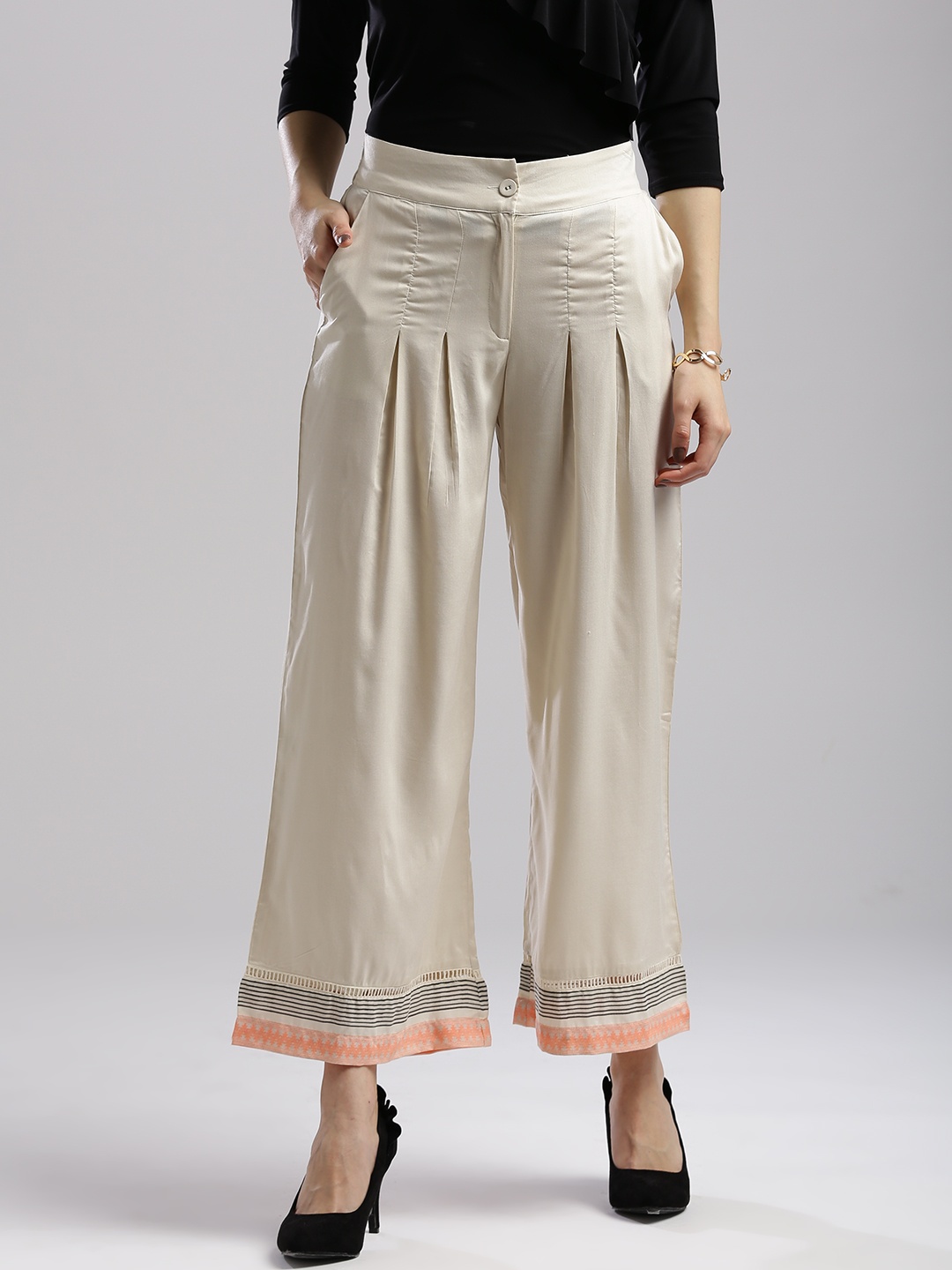 

W Women Off-White Wide Leg Hem Design Palazzos