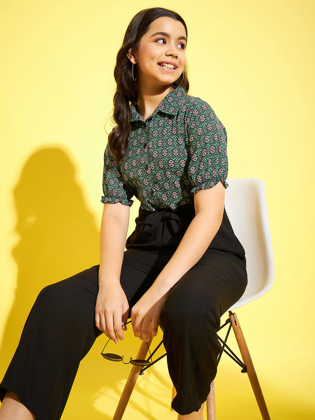 

StyleStone Girls Black Green Printed Basic Jumpsuit