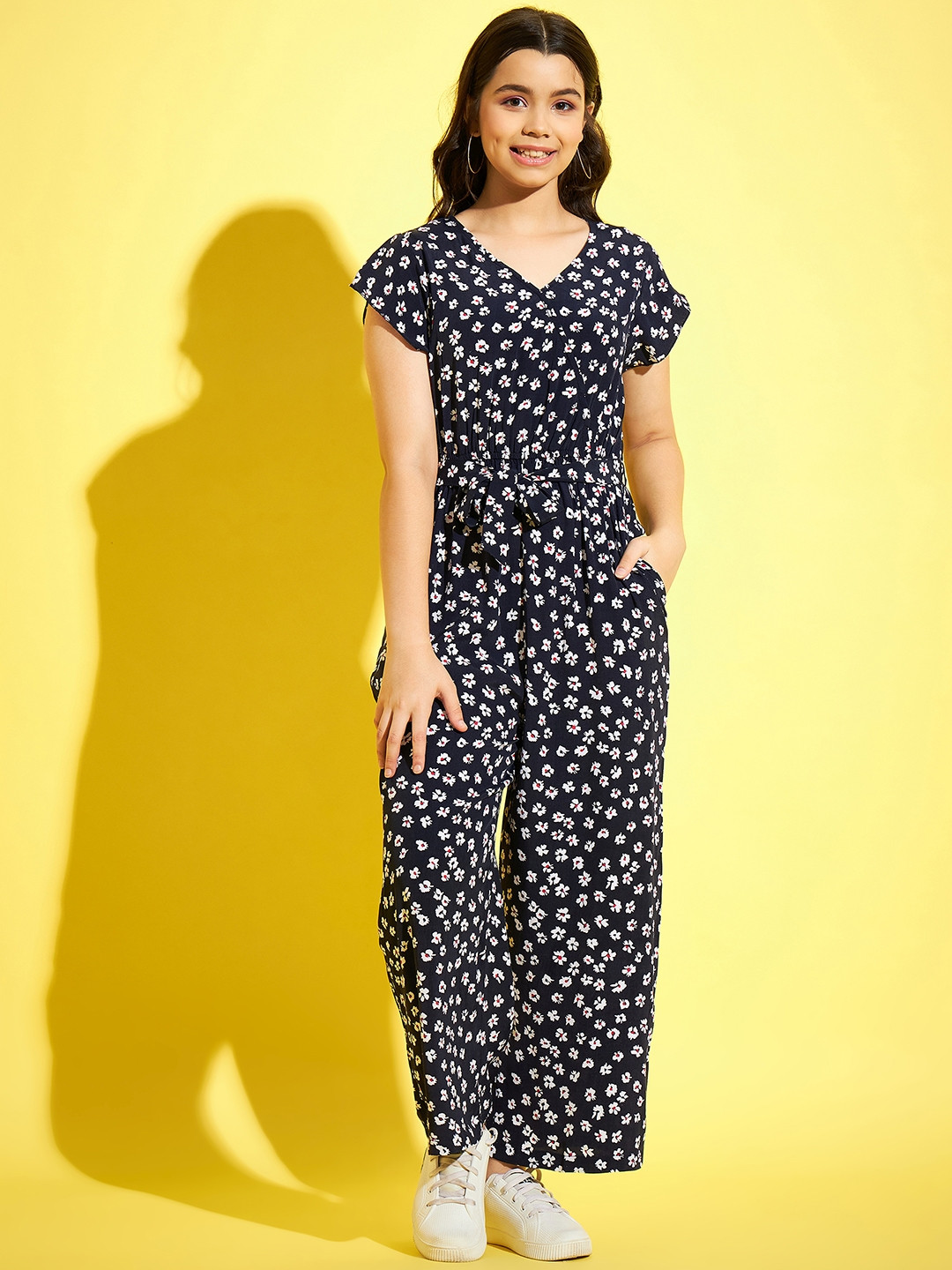 

StyleStone Girls Navy Blue Floral Printed V-Neck Basic Jumpsuit