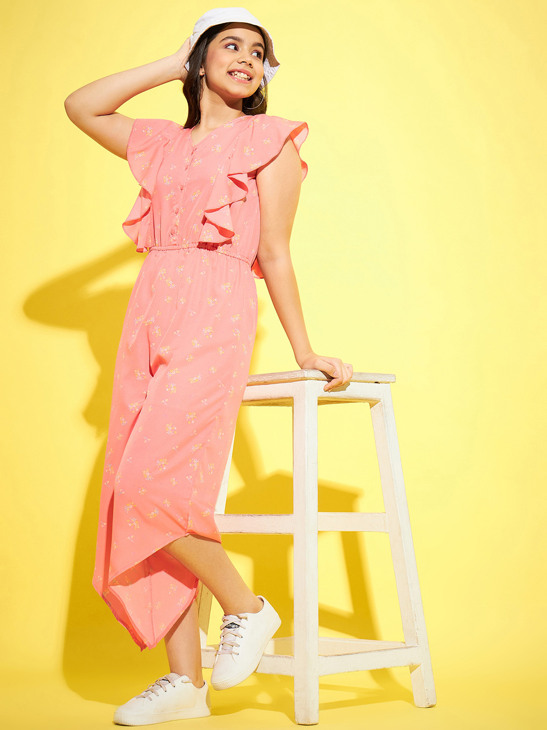 

StyleStone Girls Printed Basic Jumpsuit with Ruffles, Pink