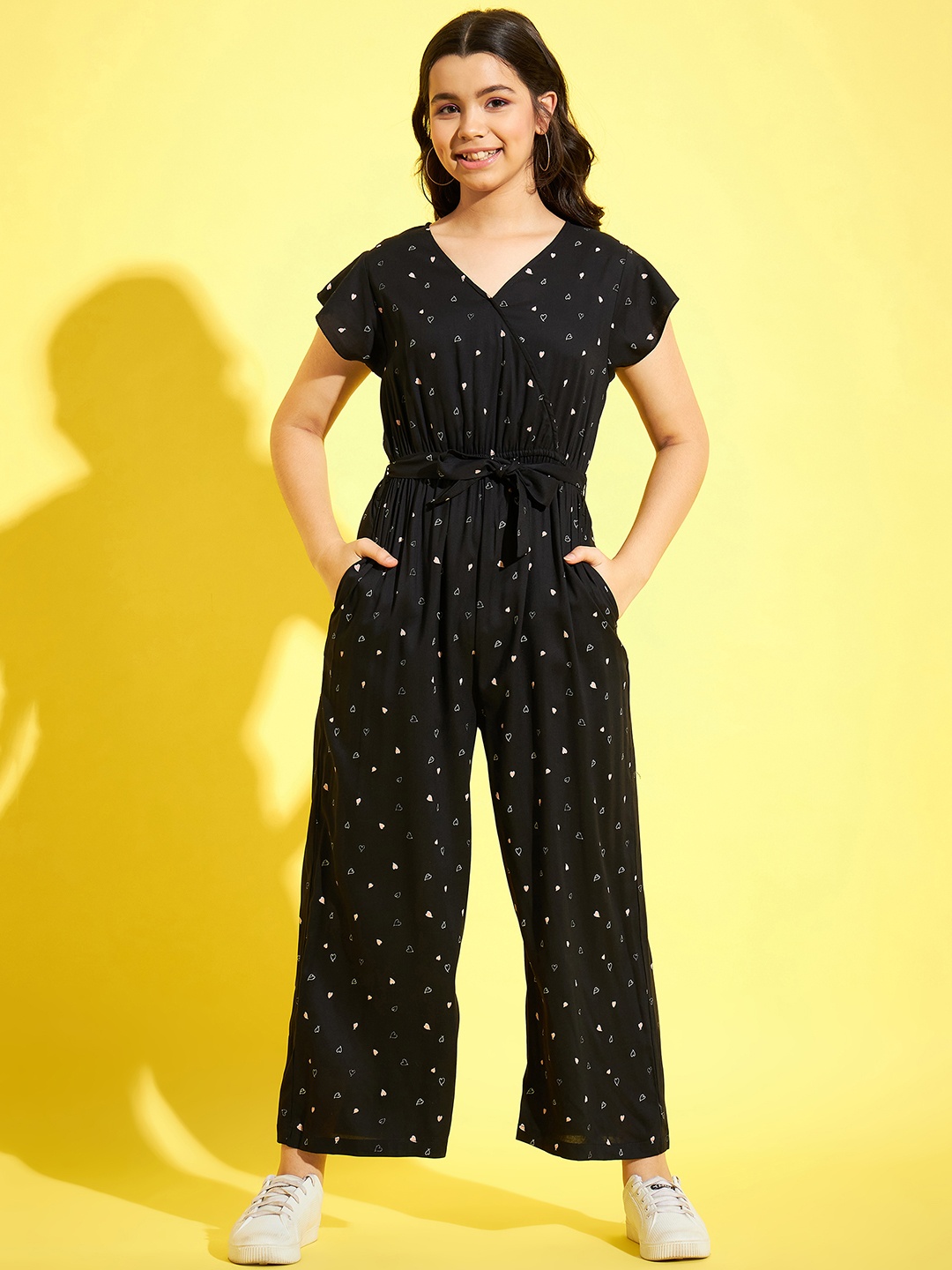 

StyleStone Girls Printed V-Neck Cotton Basic Jumpsuit, Black