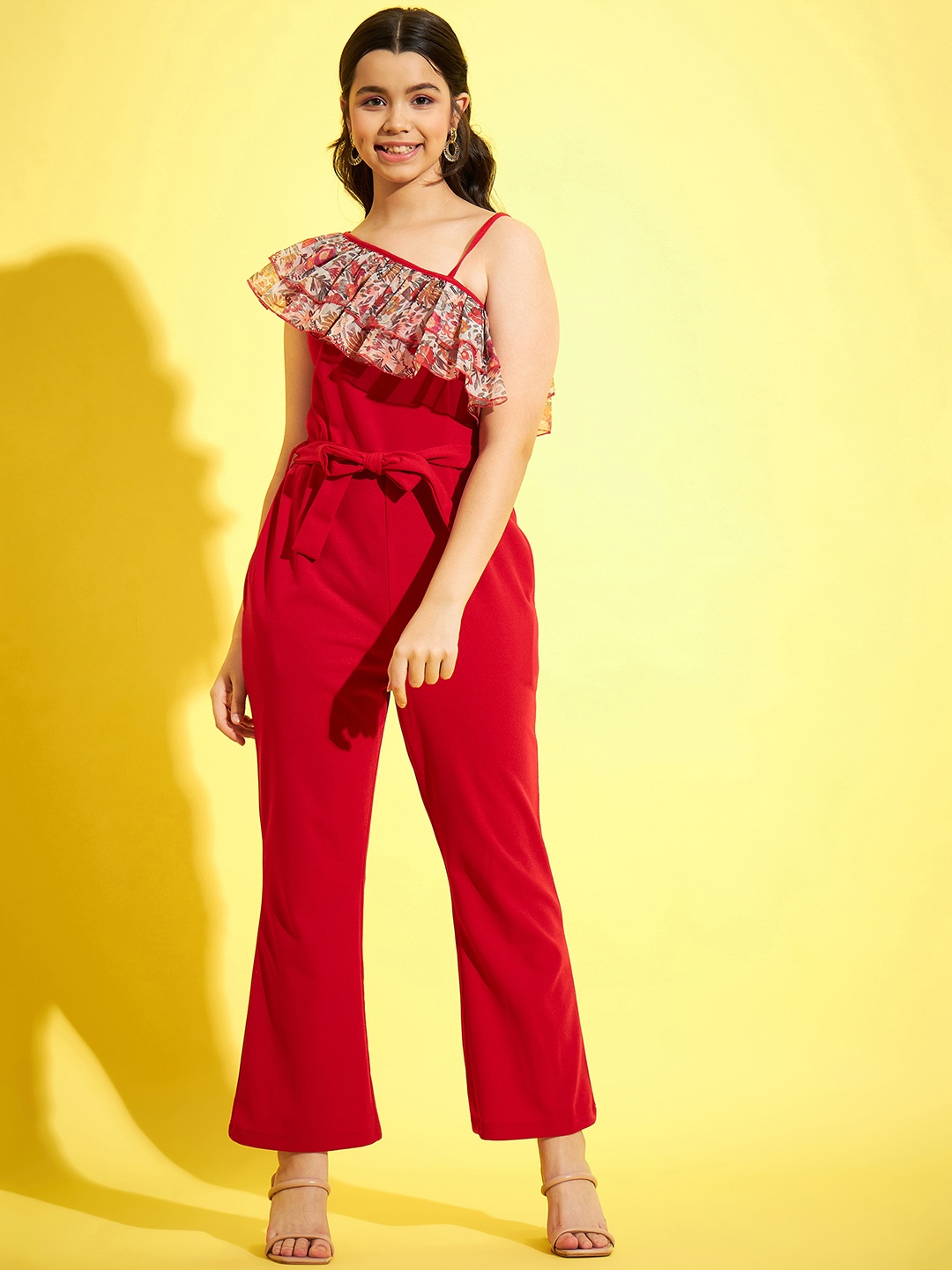

StyleStone Girls Printed One Shoulder Basic Jumpsuit With Ruffles, Red