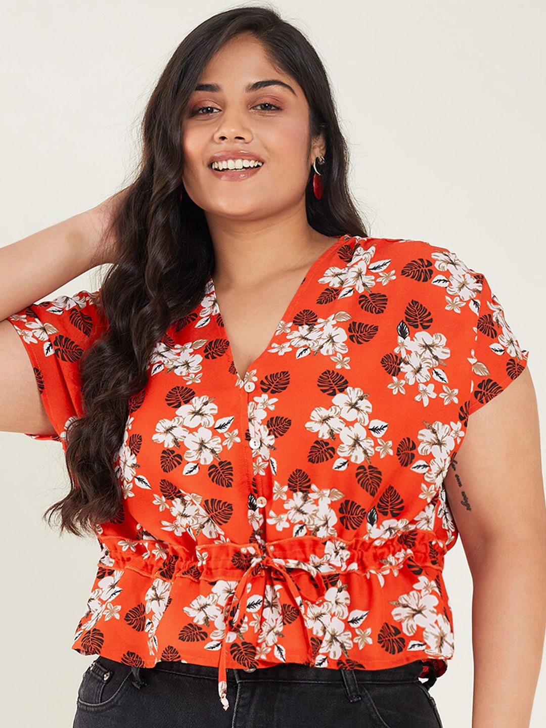 

CURVE BY KASSUALLY Plus Size Floral Print Extended Sleeves Cinched Waist Top, Orange