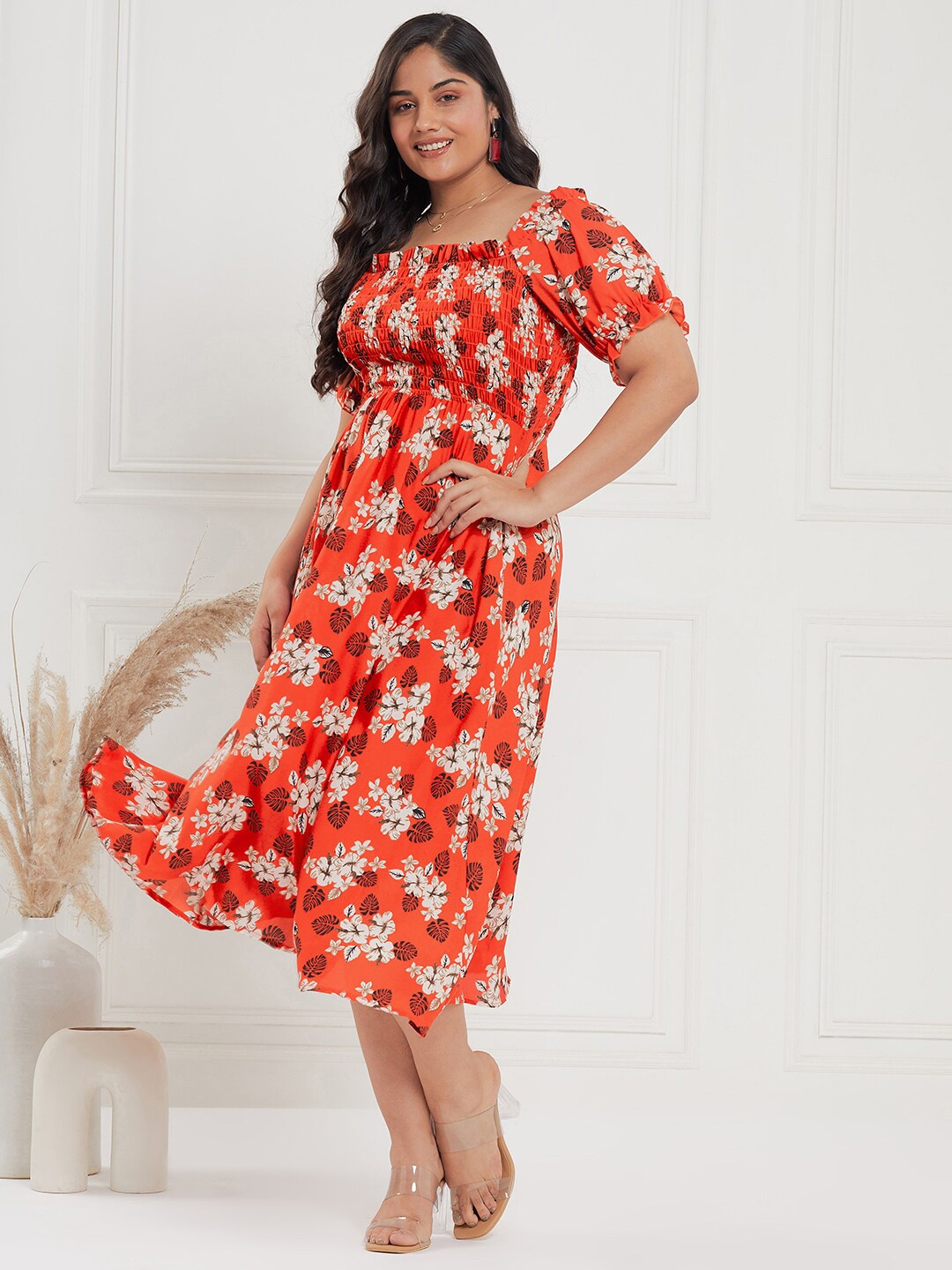 

CURVE BY KASSUALLY Plus Size Orange & Black Floral Printed Smocked Empire Midi Dress