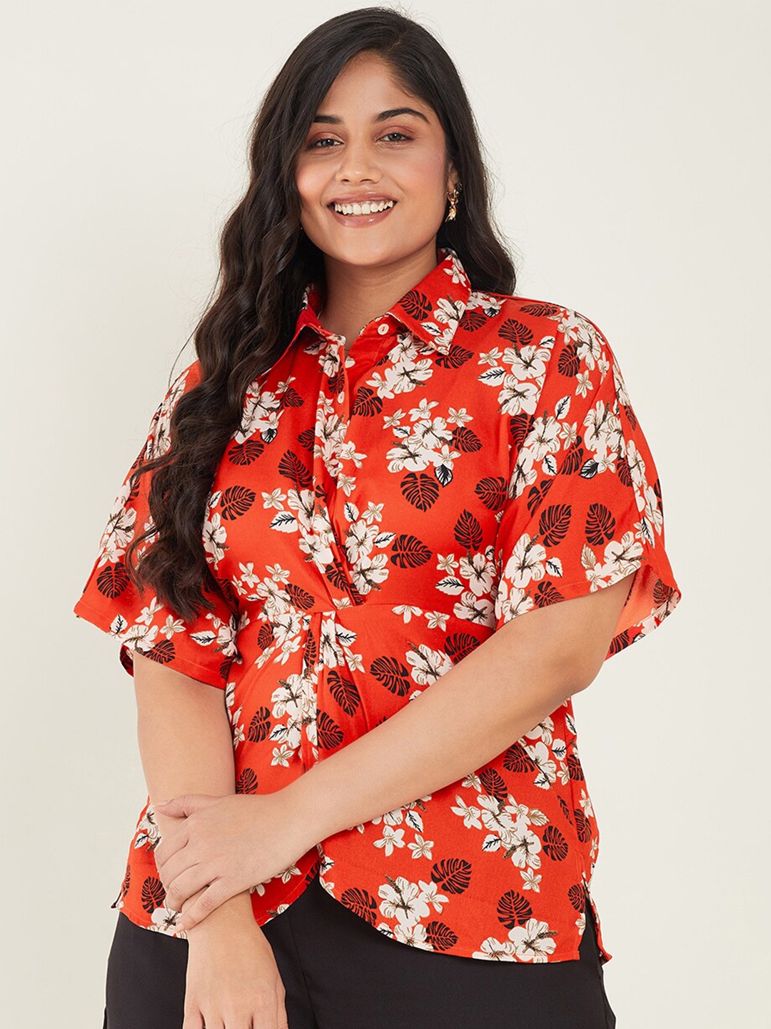 

CURVE BY KASSUALLY Red Plus Size Floral Print Extended Sleeves Shirt Style Top, Orange