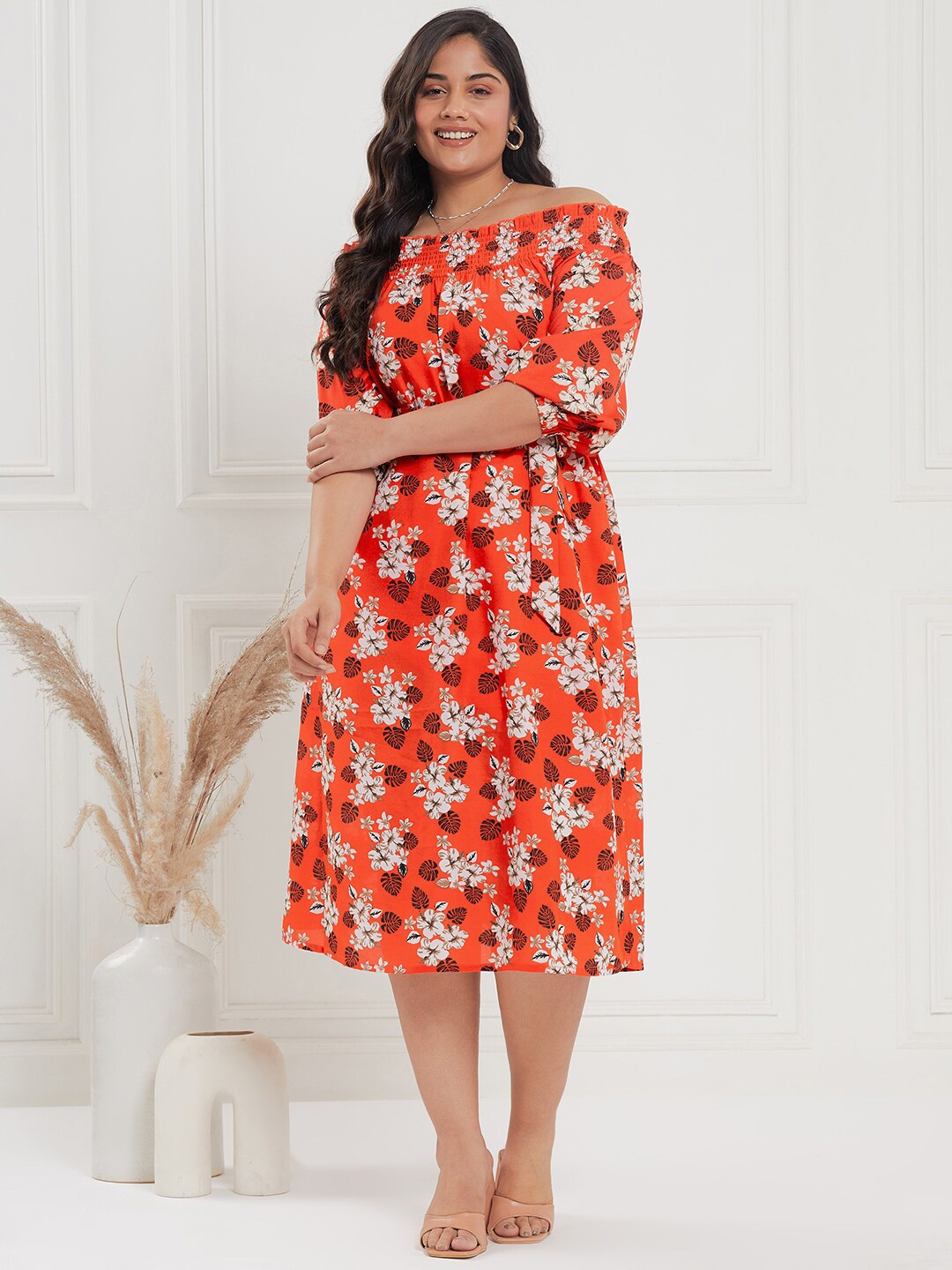 

CURVE BY KASSUALLY Orange Plus Size Floral Printed Smocked Off-Shoulder Fit & Flare Dress