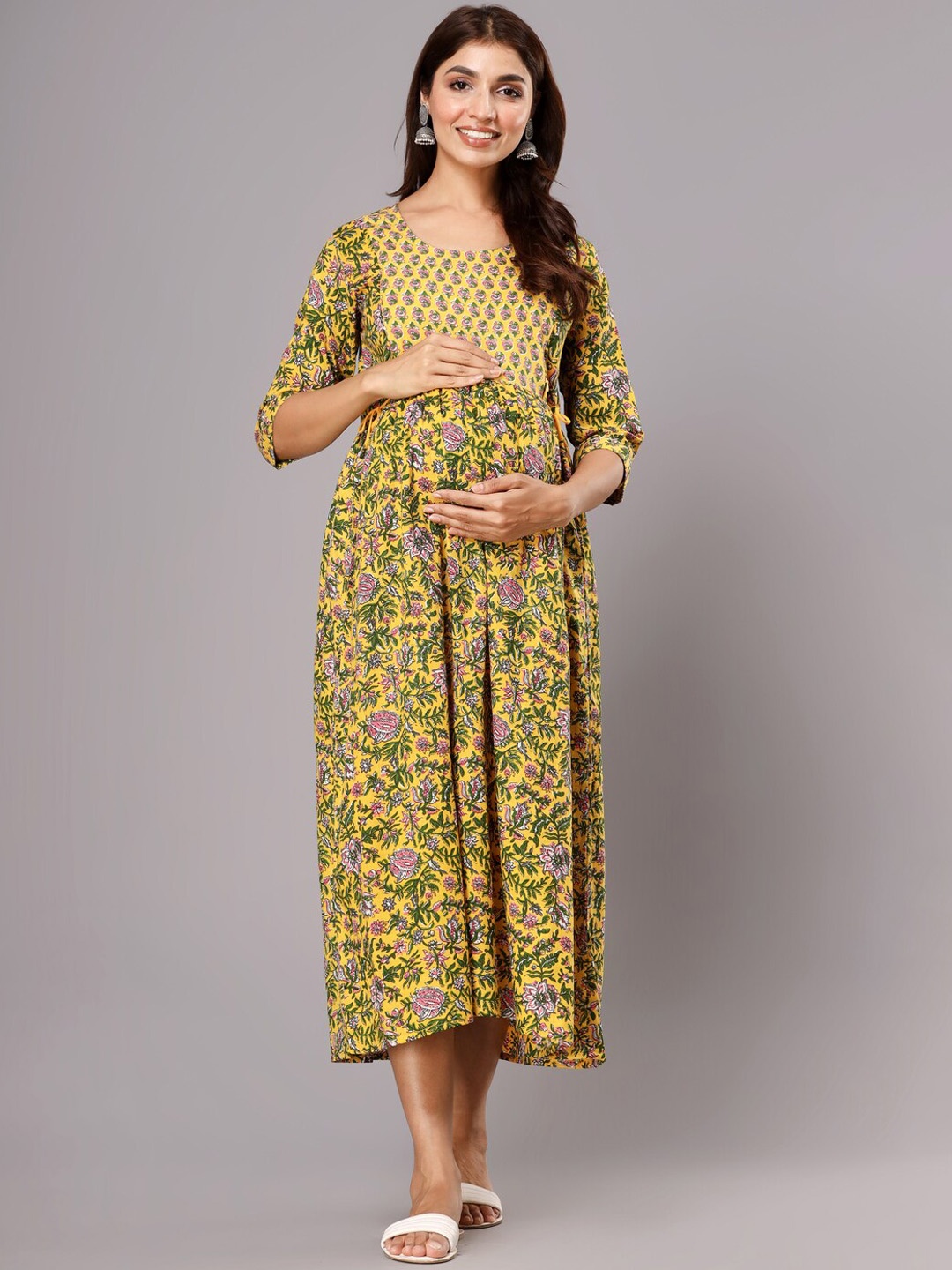 

ROOPWATI FASHION Floral Printed Cotton Maxi Fit And Flare Maternity Dresses, Yellow