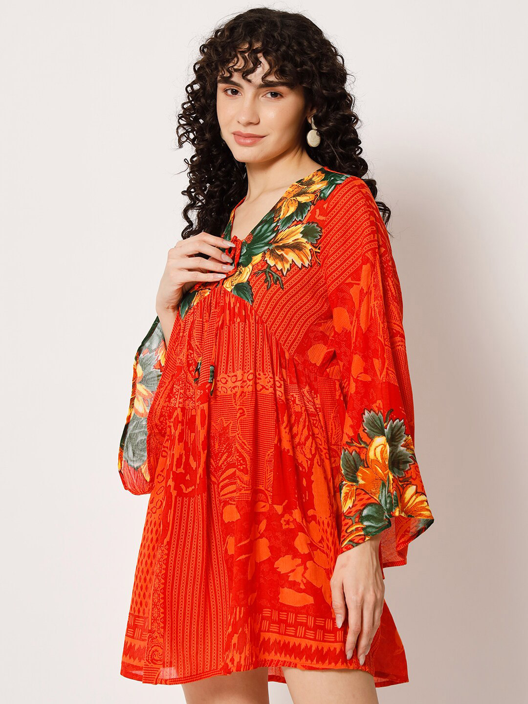 

VELDRESS Floral Printed V-Neck Bell Sleeve Fit & Flare Dress, Orange