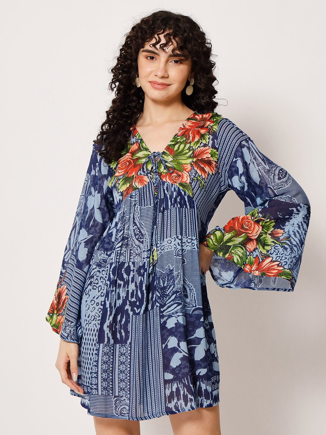 

VELDRESS Floral Printed V-Neck Bell Sleeve Empire Dress, Blue