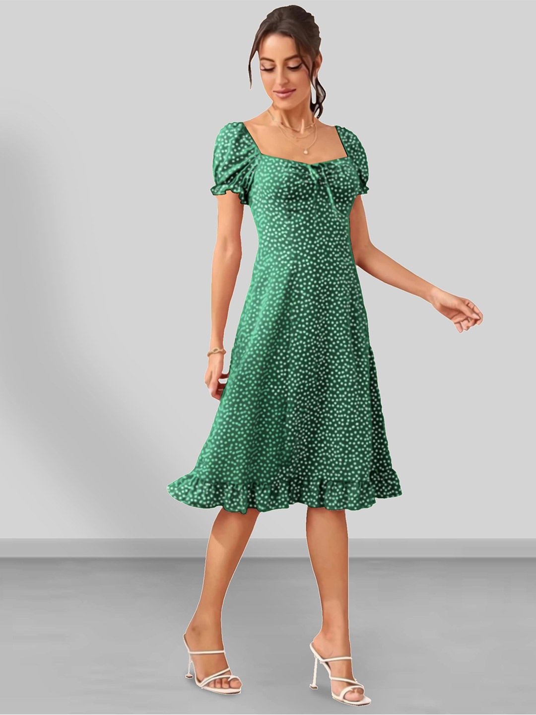 

Dream Beauty Fashion Polka Dot Printed Puff Sleeve Fit & Flare Dress, Green