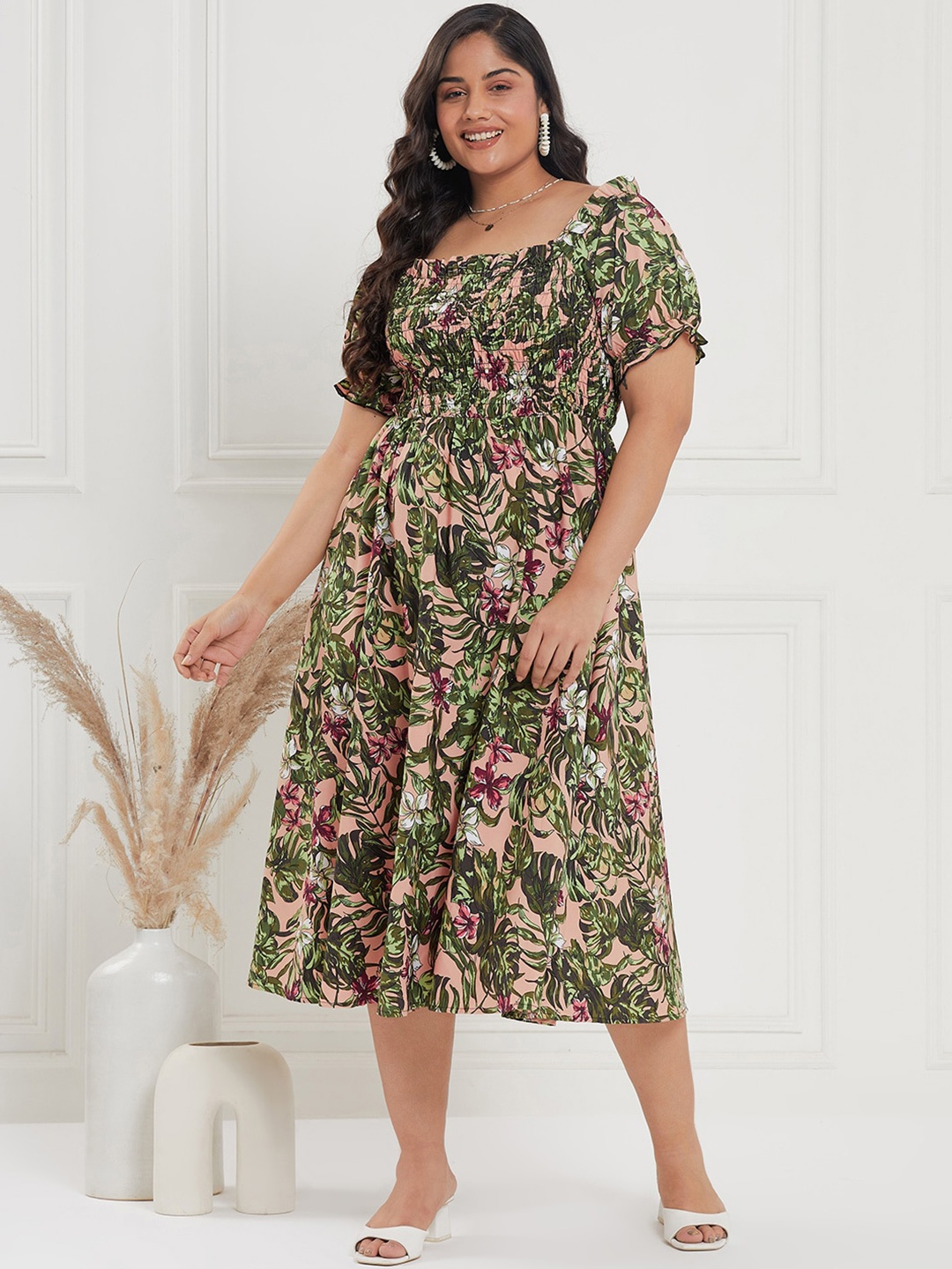 

CURVE BY KASSUALLY Green Plus Size Floral Printed Smocked Fit & Flare Dress