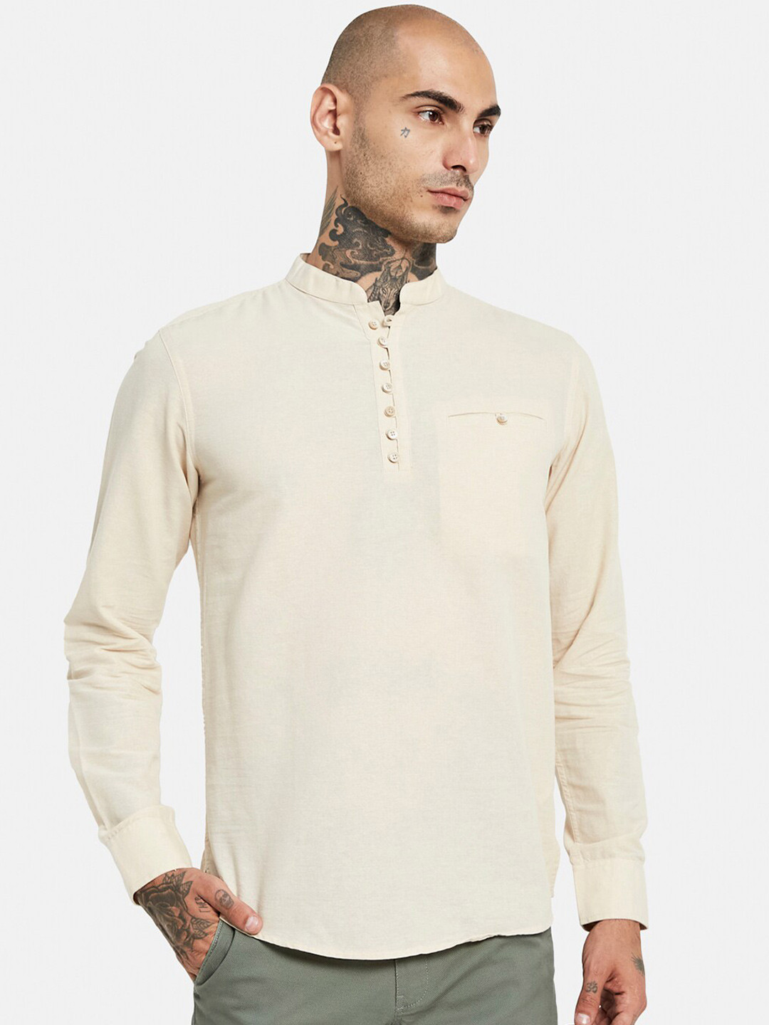 

METTLE Mandarin Collar Cotton Casual Shirt, Cream