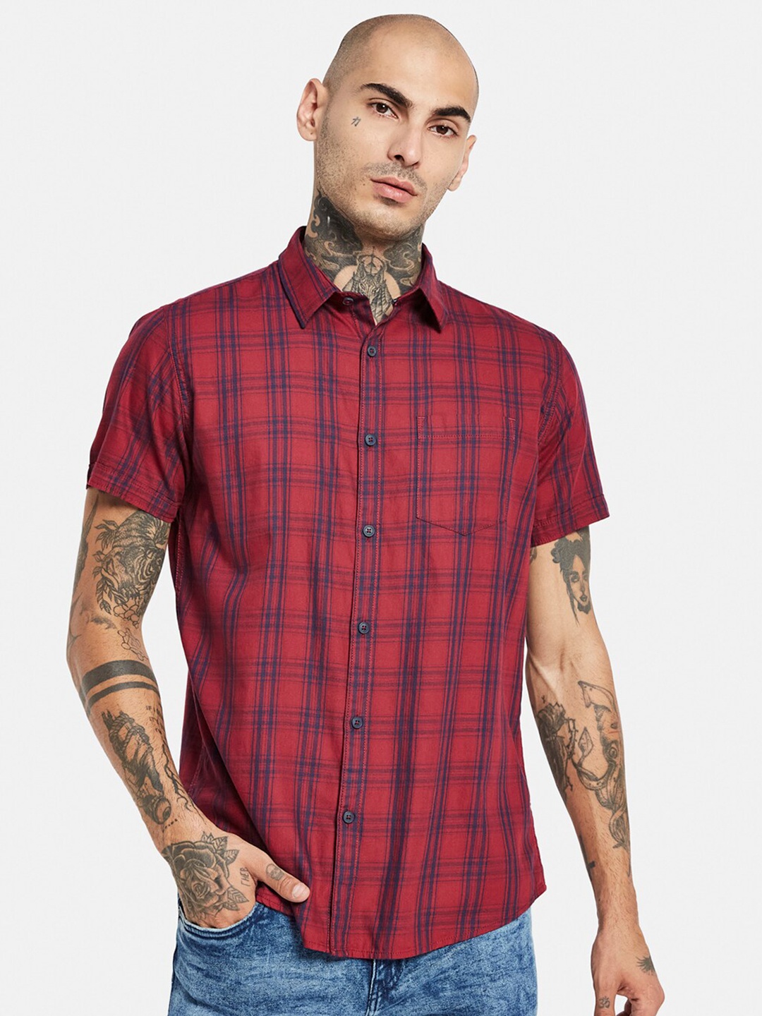 

METTLE Tartan Checked Cotton Casual Shirt, Red
