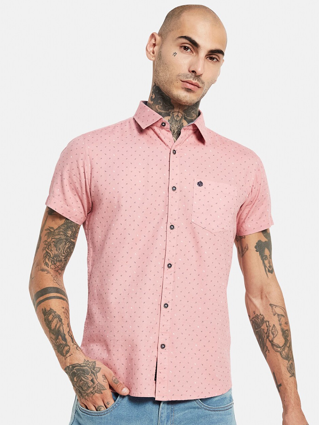 

METTLE Micro Ditsy Printed Cotton Casual Shirt, Coral