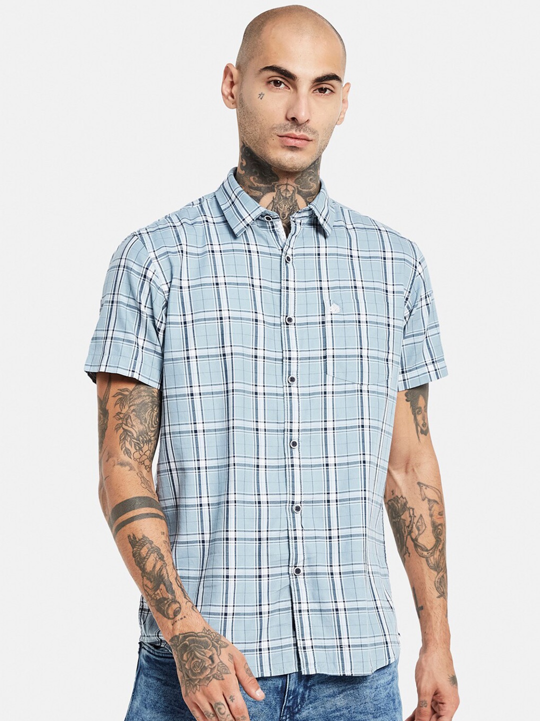 

METTLE Tartan Checked Cotton Casual Shirt, Blue