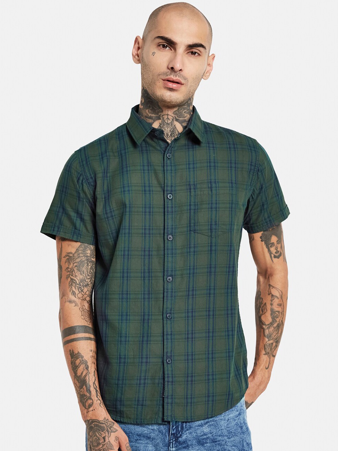 

METTLE Opaque Checked Cotton Casual Shirt, Olive