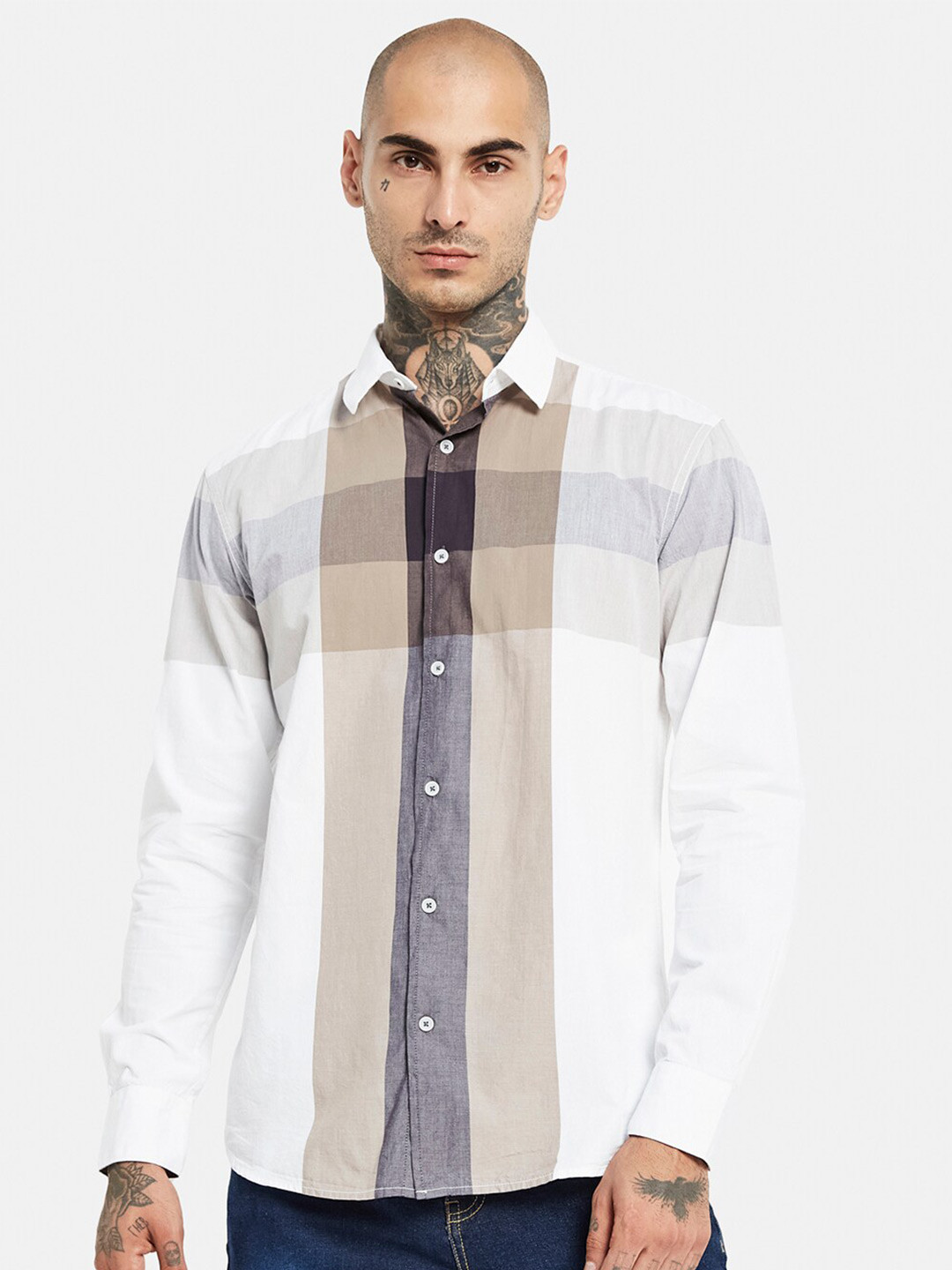 

METTLE Buffalo Checks Opaque Checked Cotton Casual Shirt, White