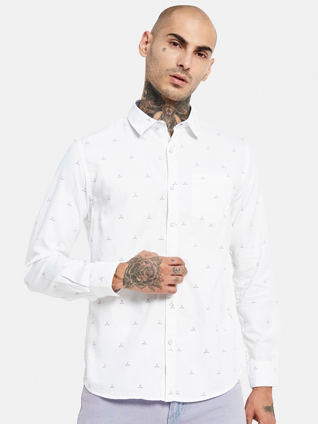 

METTLE Conversational Printed Spread Collar Cotton Casual Shirt, White