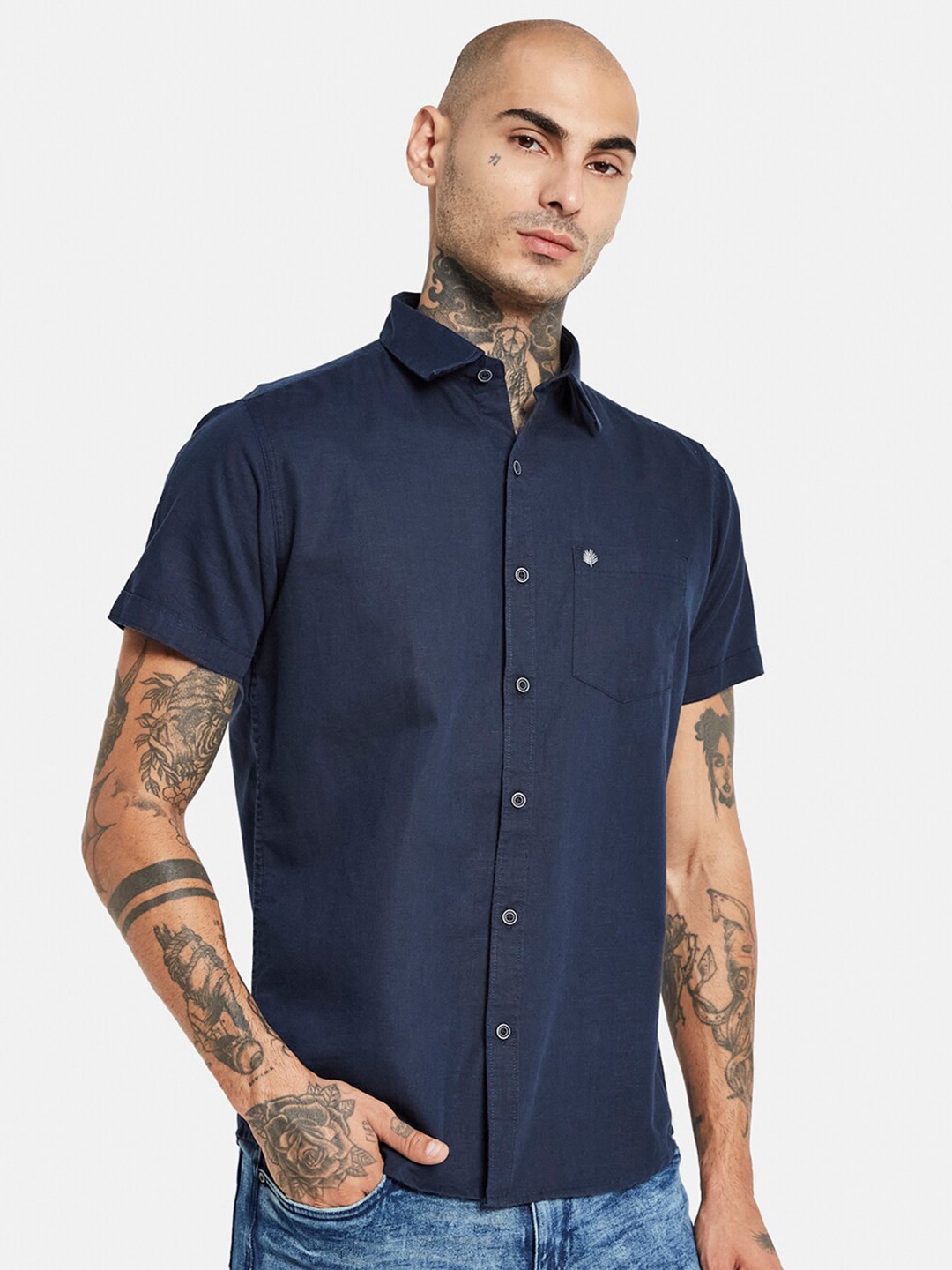 

METTLE Short Sleeve Opaque Cotton Casual Shirt, Navy blue