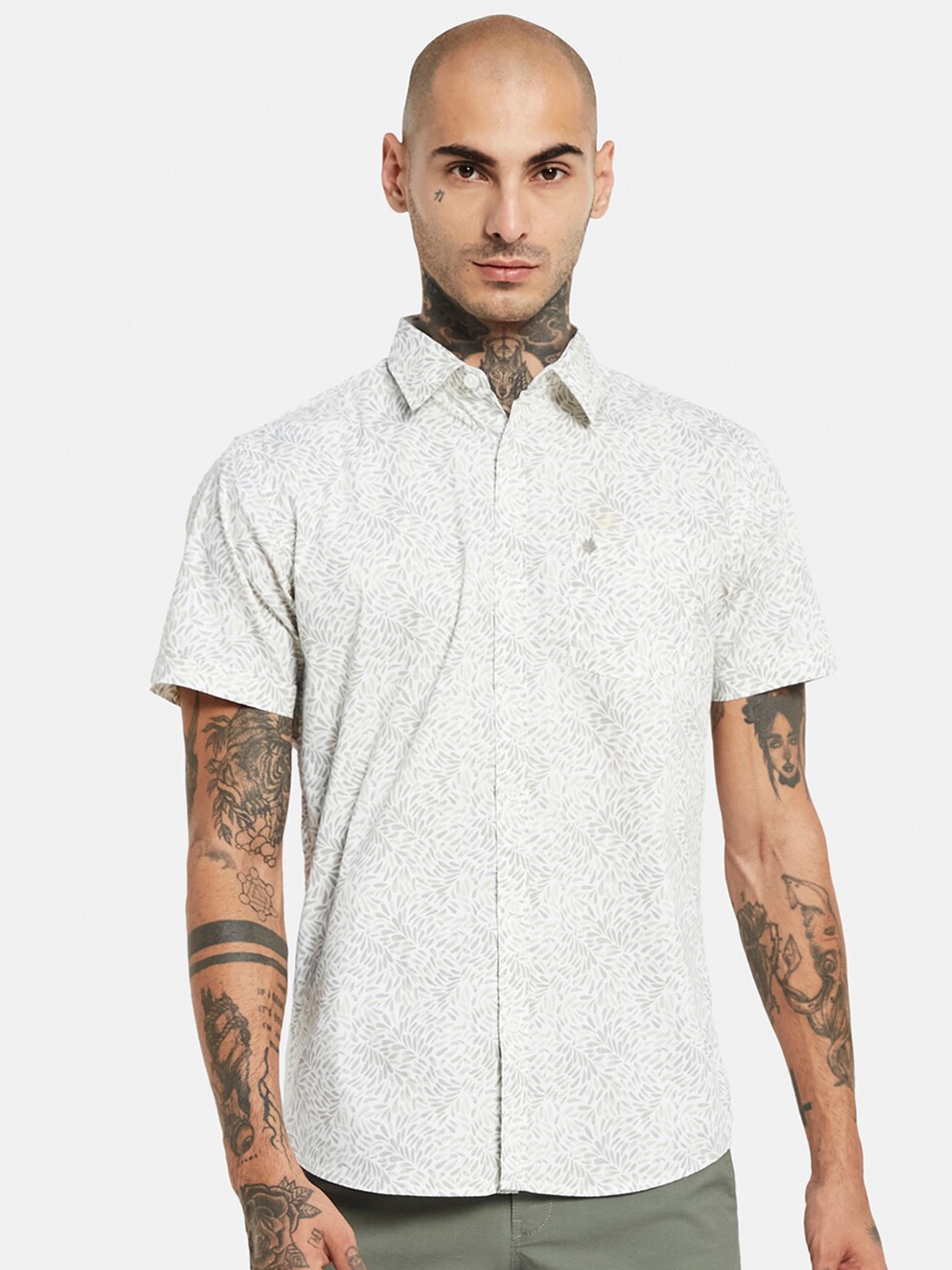 

METTLE Floral Printed Short Sleeve Cotton Casual Shirt, Olive