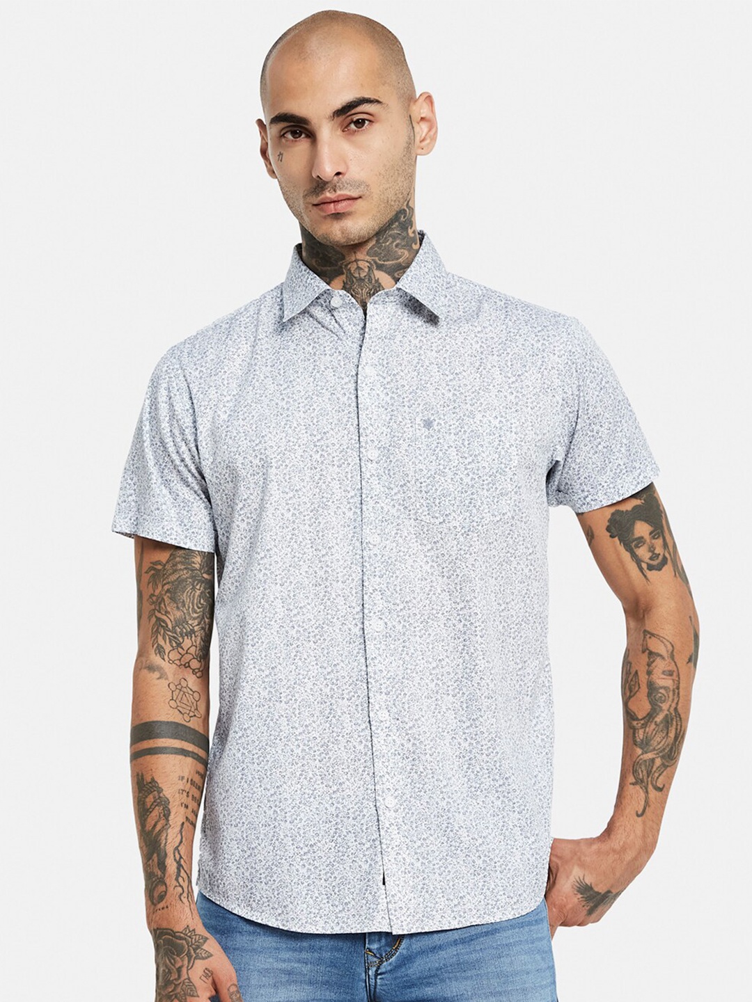 

METTLE Floral Printed Short Sleeve Cotton Casual Shirt, Grey