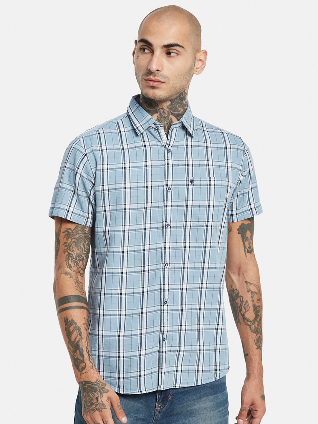 

METTLE Checked Short Sleeve Cotton Casual Shirt, Blue