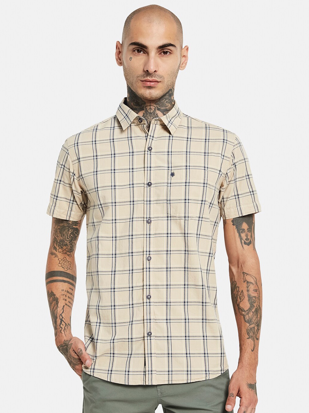 

METTLE Checked Short Sleeve Cotton Casual Shirt, Yellow