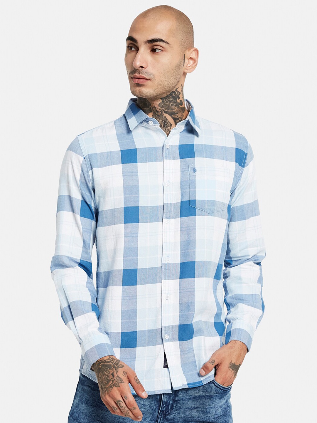 

METTLE Spread Collar Checked Cotton Casual Shirt, Blue