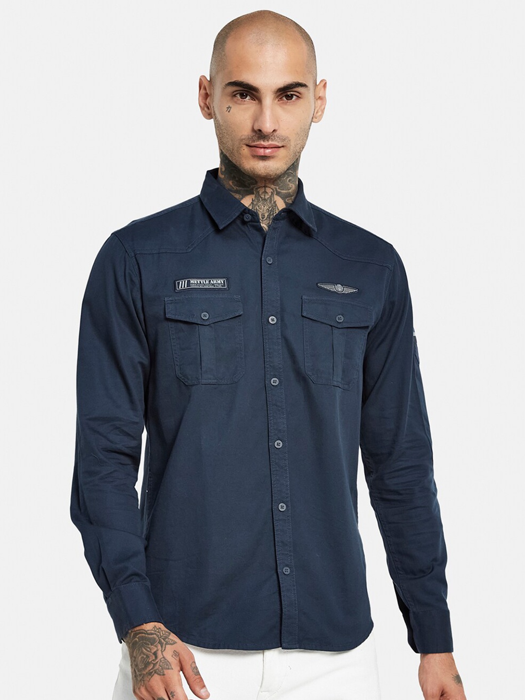 

METTLE Spread Collar Cotton Casual Shirt, Navy blue
