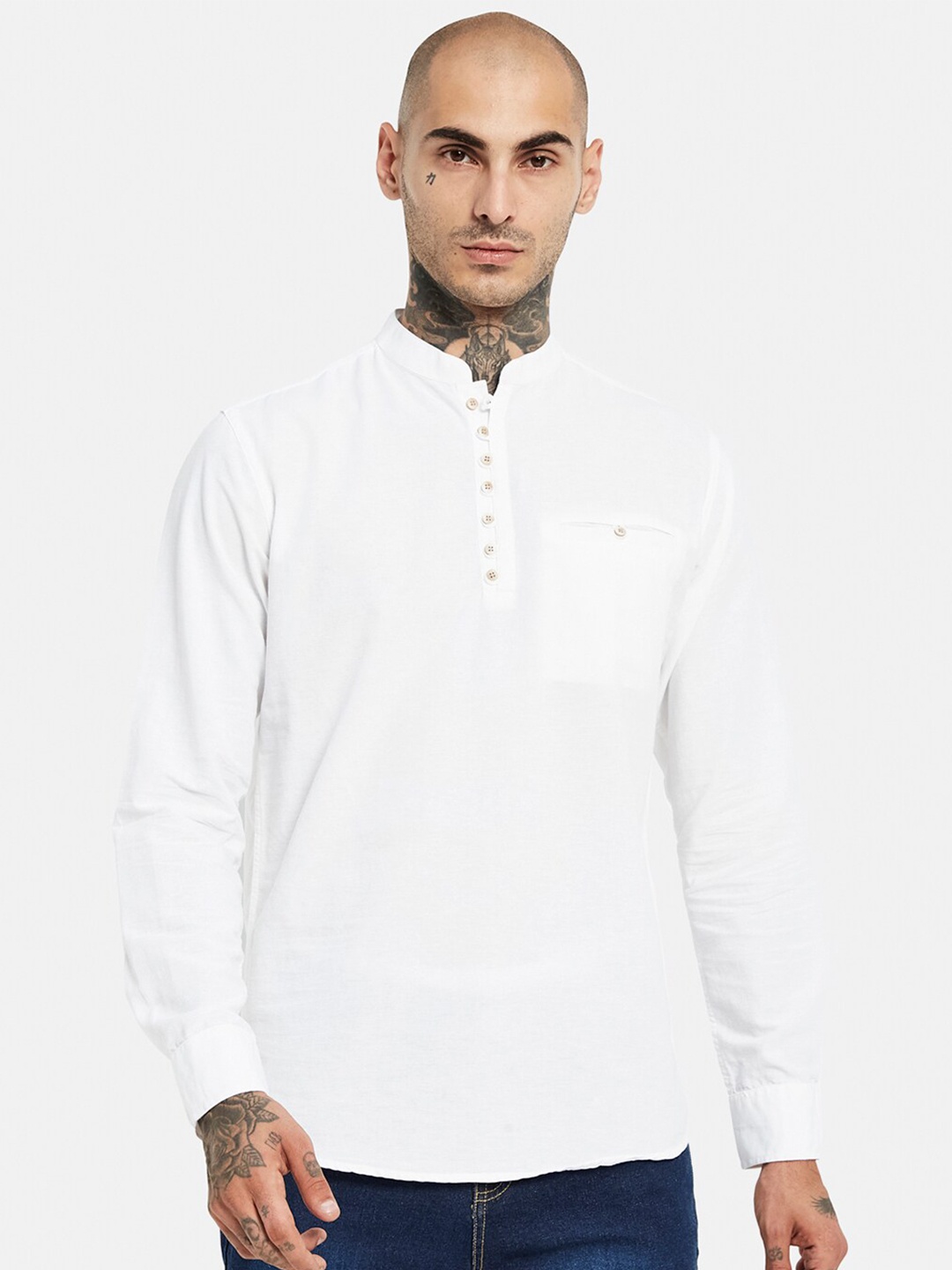 

METTLE Mandarin Collar Opaque Casual Shirt, White