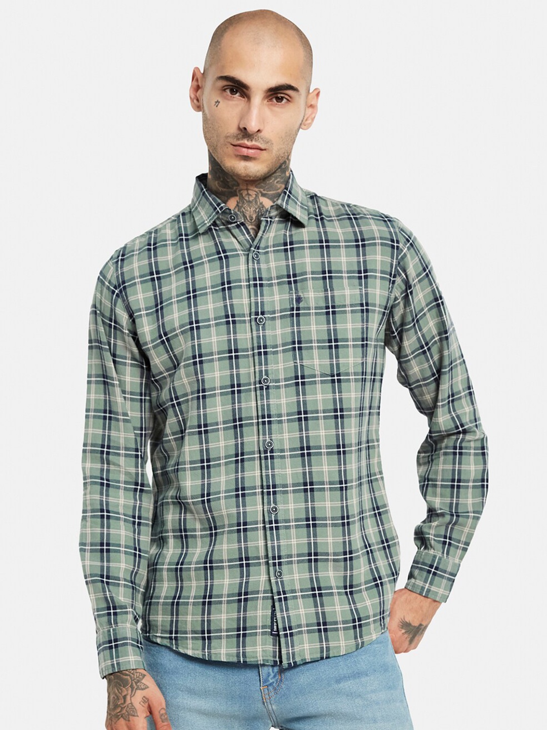 

METTLE Spread Collar Tartan Checked Casual Shirt, Olive