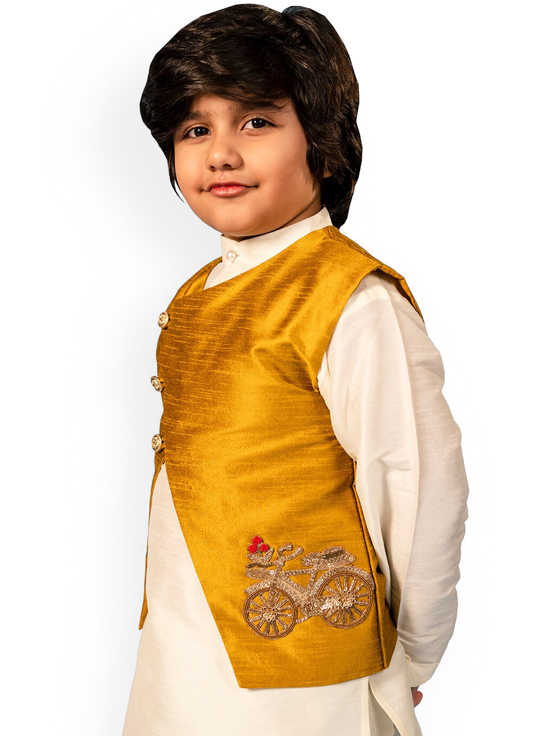

Jilmil Boys Embroidered Pure Silk Nehru Jacket, Mustard