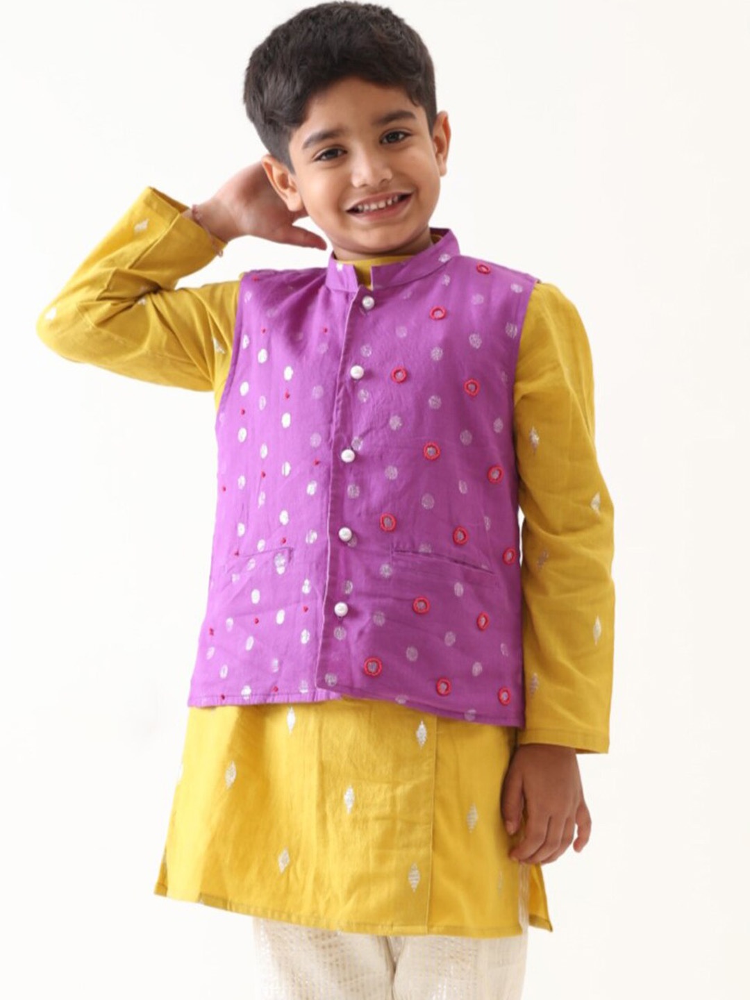 

Jilmil Boys Embroidered Pure Cotton Nehru Jacket, Purple