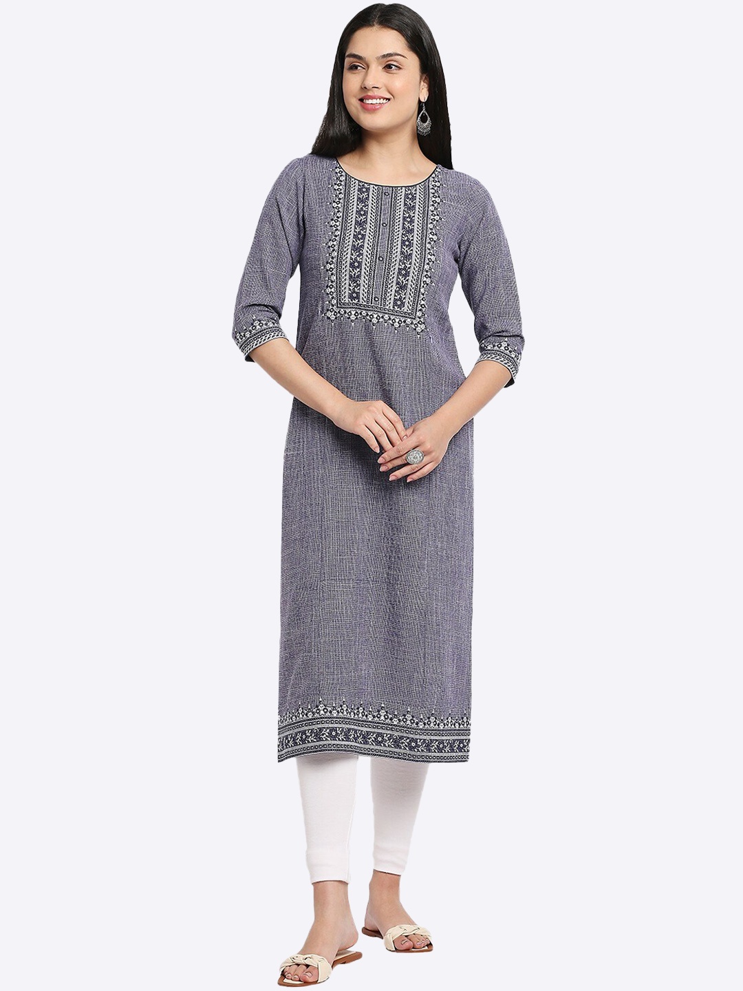 

True Shape Ethnic Motifs Yoke Design Maternity Kurta, Grey